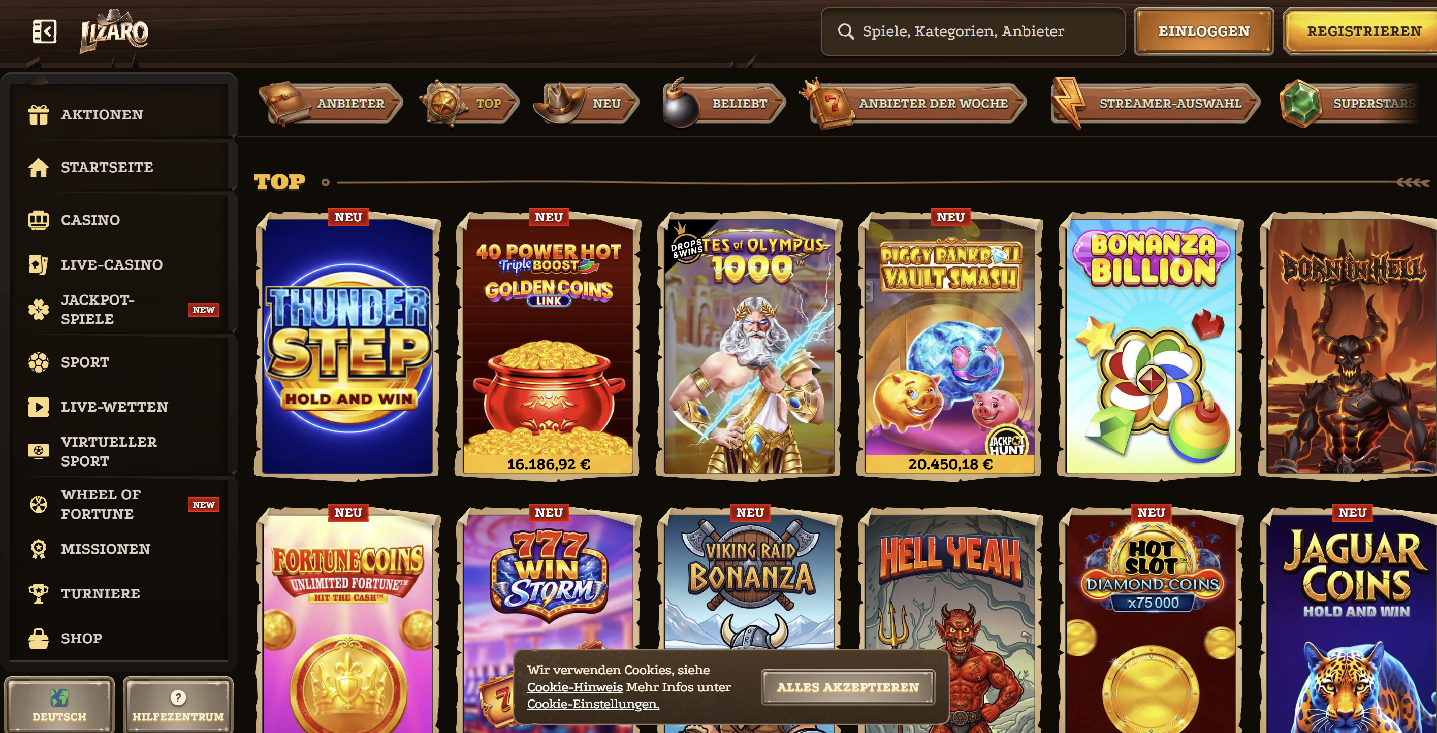 Lizaro Casino Spielkatalog